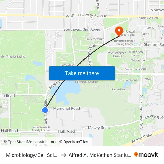 Microbiology/Cell Science Building to Alfred A. McKethan Stadium at Perry Field map