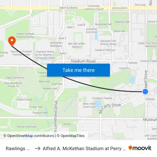 Rawlings Hall to Alfred A. McKethan Stadium at Perry Field map