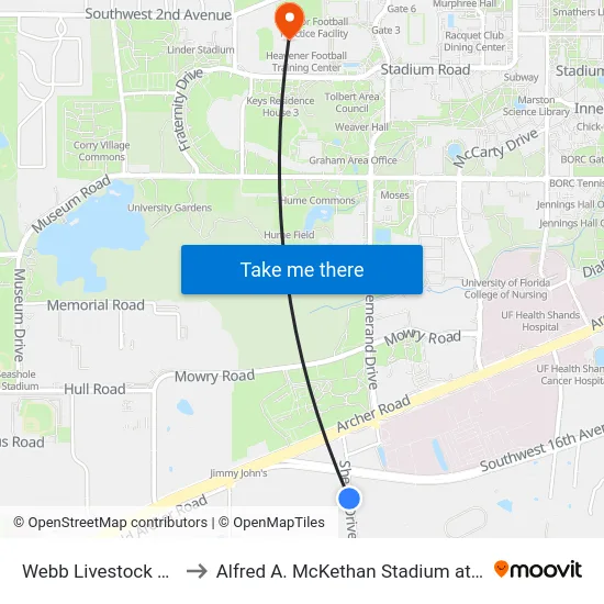 Webb Livestock Pavilion to Alfred A. McKethan Stadium at Perry Field map