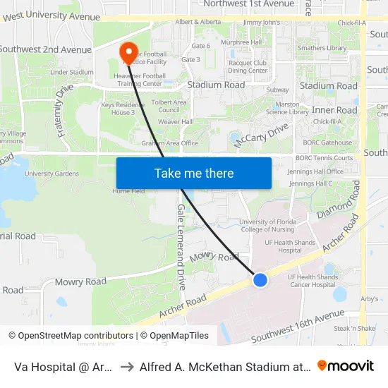 Va Hospital @ Archer Rd to Alfred A. McKethan Stadium at Perry Field map