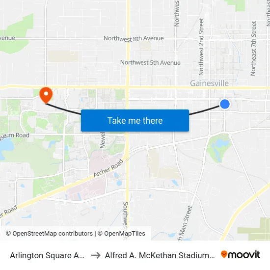 Arlington Square Apartments to Alfred A. McKethan Stadium at Perry Field map