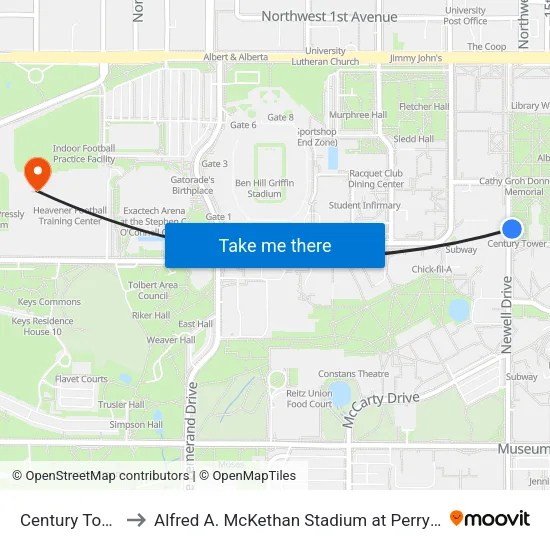Century Tower to Alfred A. McKethan Stadium at Perry Field map
