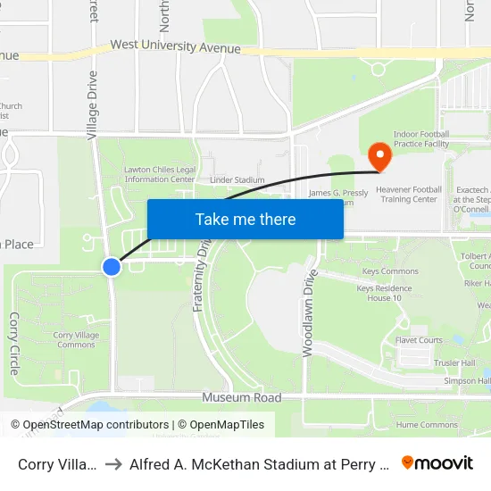Corry Village to Alfred A. McKethan Stadium at Perry Field map