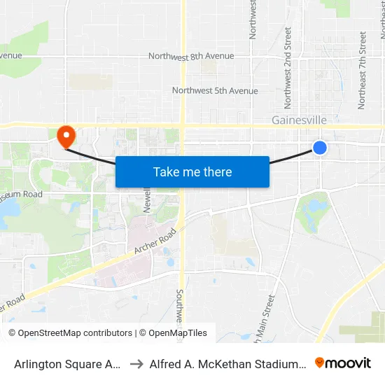 Arlington Square Apartments to Alfred A. McKethan Stadium at Perry Field map