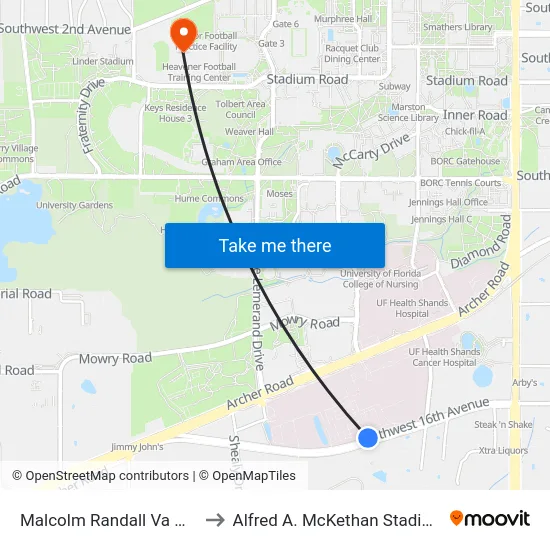 Malcolm Randall Va Medical Center to Alfred A. McKethan Stadium at Perry Field map