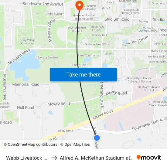 Webb Livestock Pavilion to Alfred A. McKethan Stadium at Perry Field map