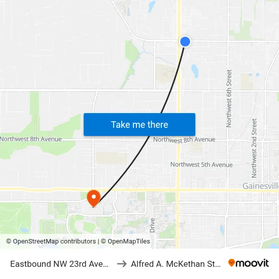 Eastbound NW 23rd Avenue @ NW 13th Street to Alfred A. McKethan Stadium at Perry Field map