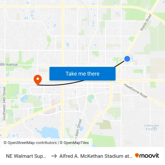 NE Walmart Supercenter to Alfred A. McKethan Stadium at Perry Field map