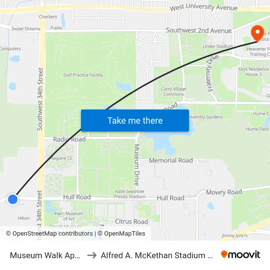 Museum Walk Apartments to Alfred A. McKethan Stadium at Perry Field map