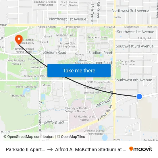 Parkside II Apartments to Alfred A. McKethan Stadium at Perry Field map