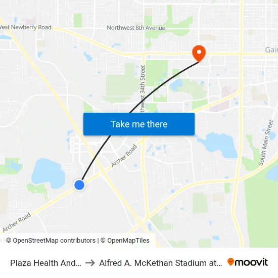 Plaza Health And Rehab to Alfred A. McKethan Stadium at Perry Field map