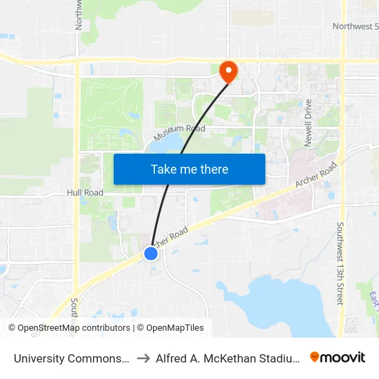 University Commons Apartments to Alfred A. McKethan Stadium at Perry Field map