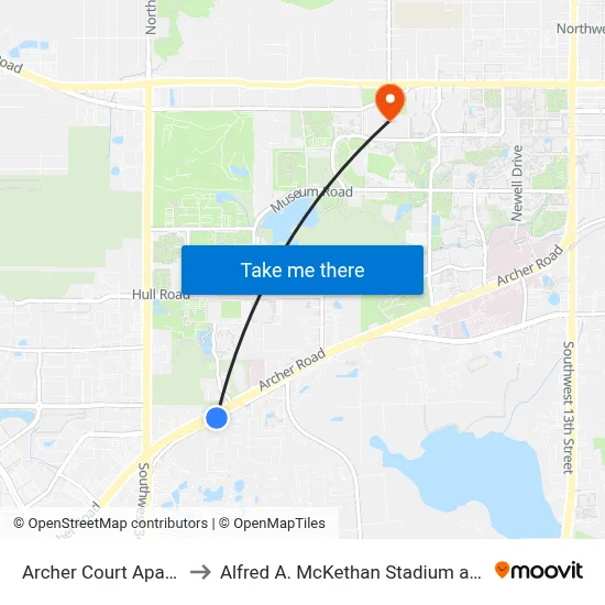 Archer Court Apartments to Alfred A. McKethan Stadium at Perry Field map