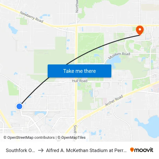 Southfork Oaks to Alfred A. McKethan Stadium at Perry Field map
