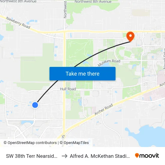 SW 38th Terr Nearside SW 20th Ave to Alfred A. McKethan Stadium at Perry Field map