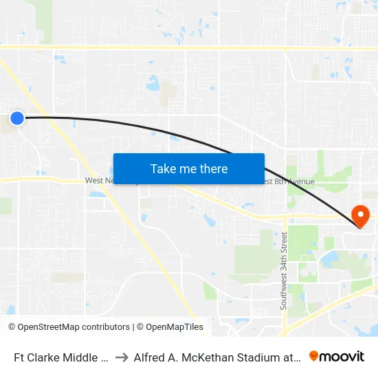 Ft Clarke Middle School to Alfred A. McKethan Stadium at Perry Field map