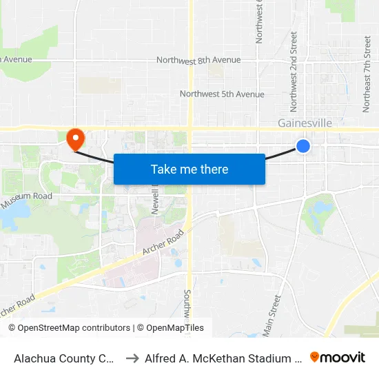 Alachua County Courthouse to Alfred A. McKethan Stadium at Perry Field map