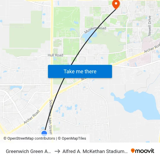 Greenwich Green Apartments to Alfred A. McKethan Stadium at Perry Field map