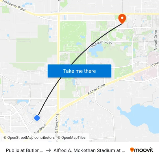 Publix at Butler Plaza to Alfred A. McKethan Stadium at Perry Field map