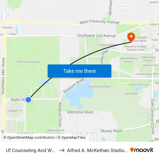 Uf Counseling And Wellness Center to Alfred A. McKethan Stadium at Perry Field map