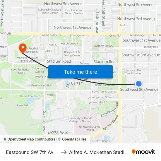 Eastbound SW 7th Ave @ SW 12th St to Alfred A. McKethan Stadium at Perry Field map