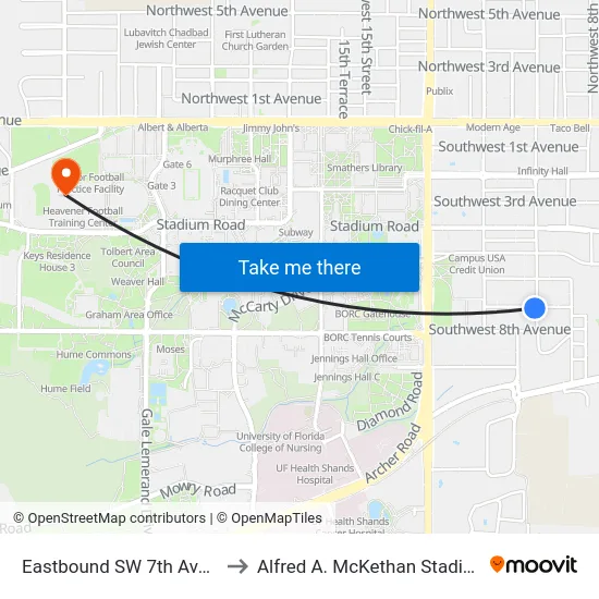 Eastbound SW 7th Ave @ SW 10th St to Alfred A. McKethan Stadium at Perry Field map