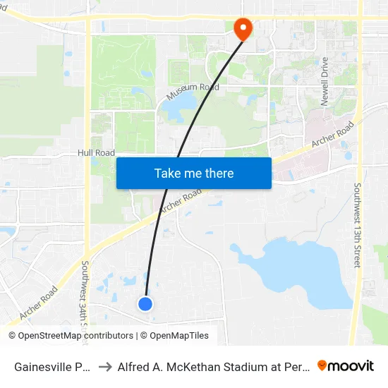 Gainesville Place to Alfred A. McKethan Stadium at Perry Field map
