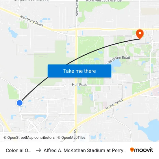 Colonial Oaks to Alfred A. McKethan Stadium at Perry Field map