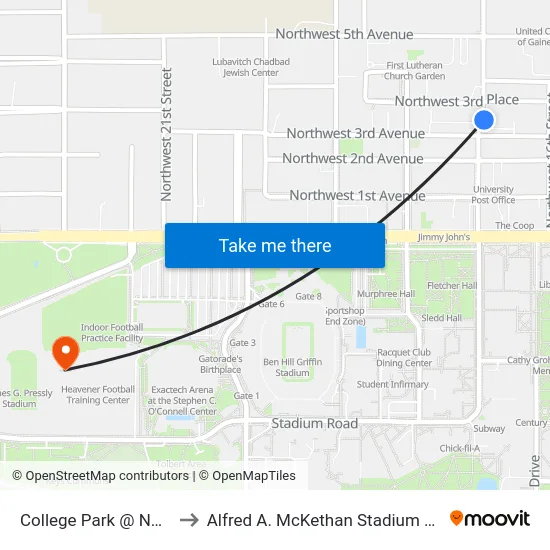 College Park @ NW 17th St to Alfred A. McKethan Stadium at Perry Field map