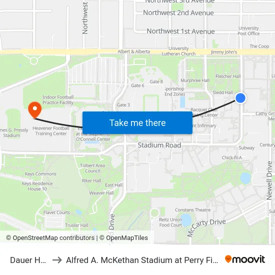 Dauer Hall to Alfred A. McKethan Stadium at Perry Field map