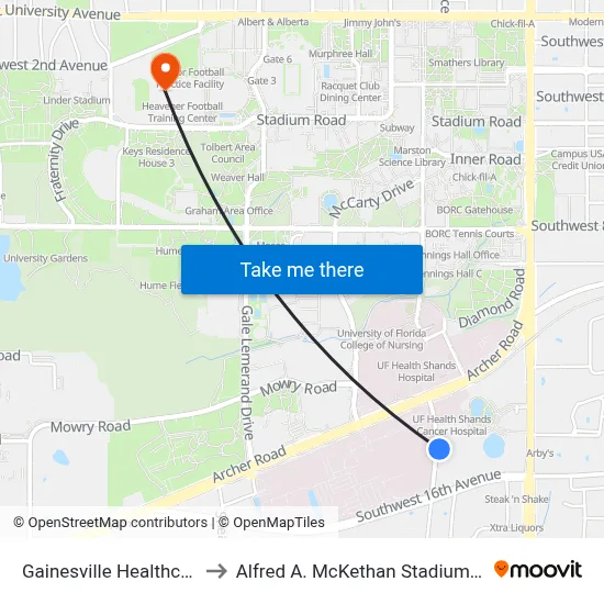 Gainesville Healthcare Center to Alfred A. McKethan Stadium at Perry Field map