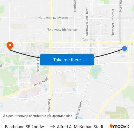 Eastbound SE 2nd Ave @ SE 10th St to Alfred A. McKethan Stadium at Perry Field map