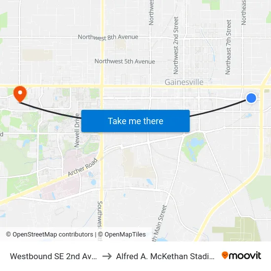 Westbound SE 2nd Ave @ SE 10th St to Alfred A. McKethan Stadium at Perry Field map