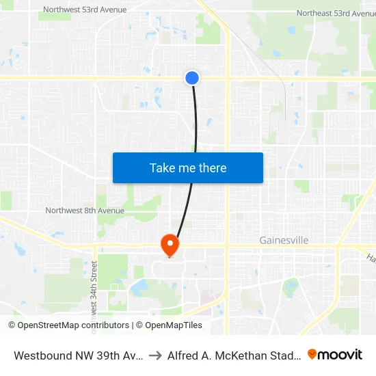 Westbound NW 39th Ave @ NW 19th Ter to Alfred A. McKethan Stadium at Perry Field map