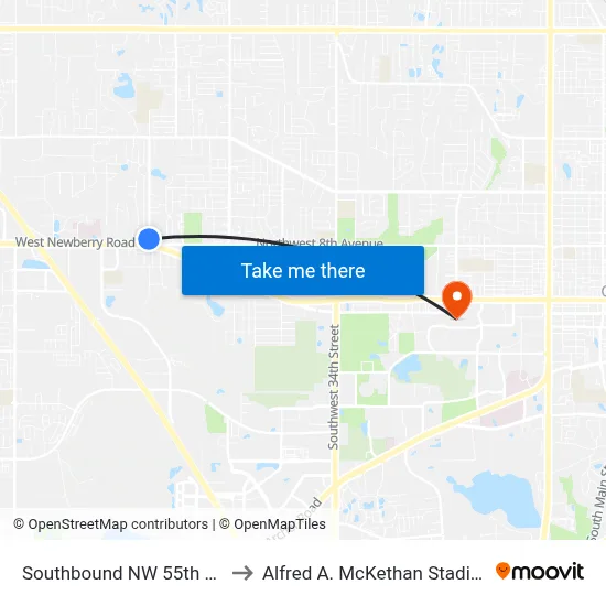 Southbound NW 55th St @ NW 9th Ln to Alfred A. McKethan Stadium at Perry Field map