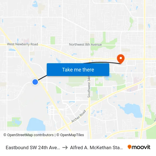 Eastbound SW 24th Ave @ Majestic Oaks to Alfred A. McKethan Stadium at Perry Field map