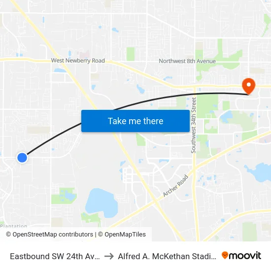 Eastbound SW 24th Ave @ SW 84th St to Alfred A. McKethan Stadium at Perry Field map