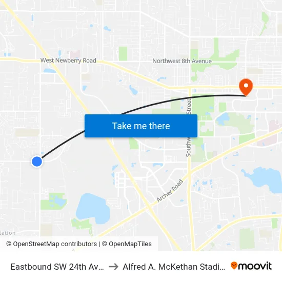 Eastbound SW 24th Ave @ SW 76th St to Alfred A. McKethan Stadium at Perry Field map