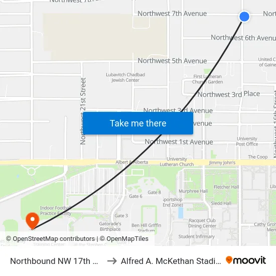 Northbound NW 17th St @ NW 7th Ave to Alfred A. McKethan Stadium at Perry Field map