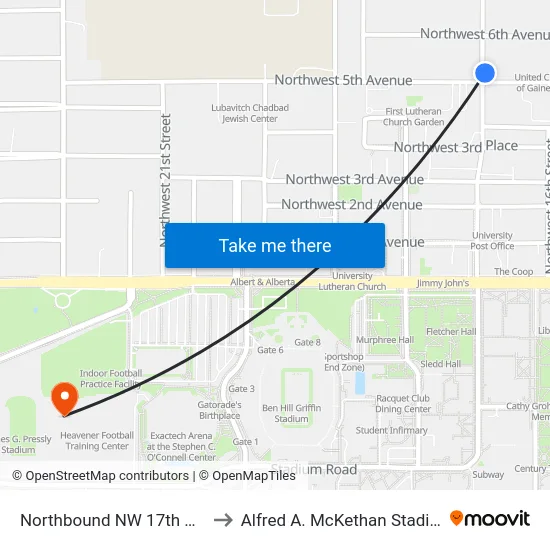 Northbound NW 17th St @ NW 5th Ave to Alfred A. McKethan Stadium at Perry Field map