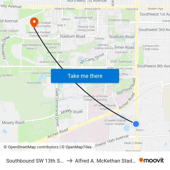 Southbound SW 13th St @ SW 14th Ave to Alfred A. McKethan Stadium at Perry Field map