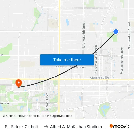 St. Patrick Catholic Church to Alfred A. McKethan Stadium at Perry Field map