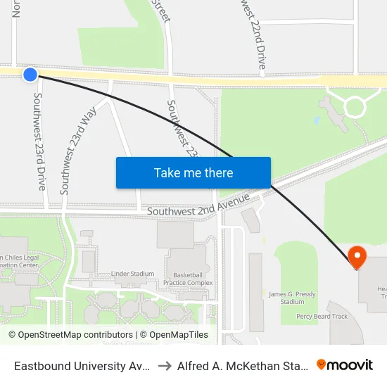 Eastbound University Avenue @ SW 23rd Dr to Alfred A. McKethan Stadium at Perry Field map