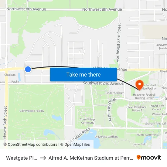Westgate Plaza to Alfred A. McKethan Stadium at Perry Field map