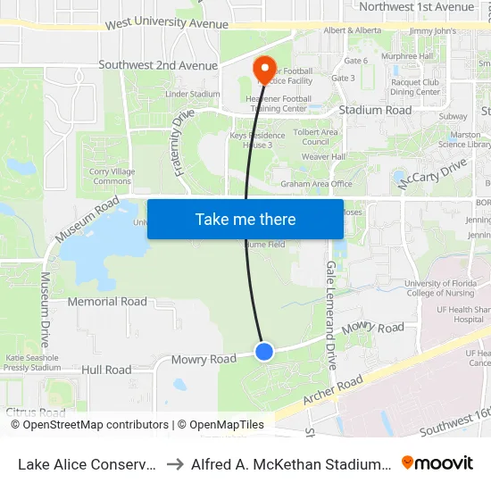 Lake Alice Conservation Area to Alfred A. McKethan Stadium at Perry Field map