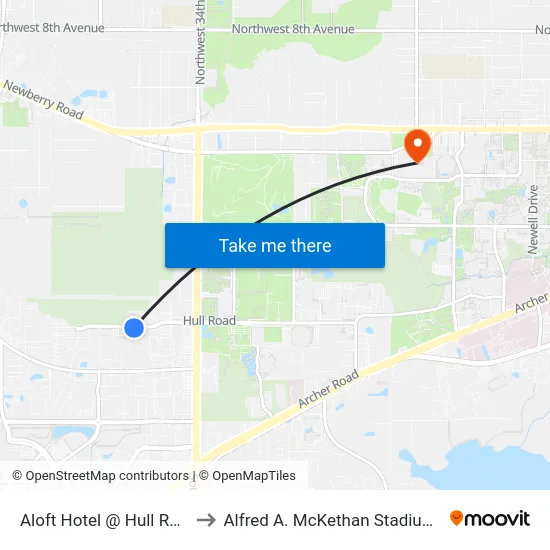 Aloft Hotel @ Hull Rd Eastbound to Alfred A. McKethan Stadium at Perry Field map