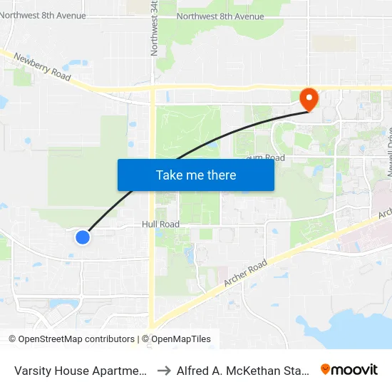 Varsity House Apartments @ SW 38th Ter to Alfred A. McKethan Stadium at Perry Field map