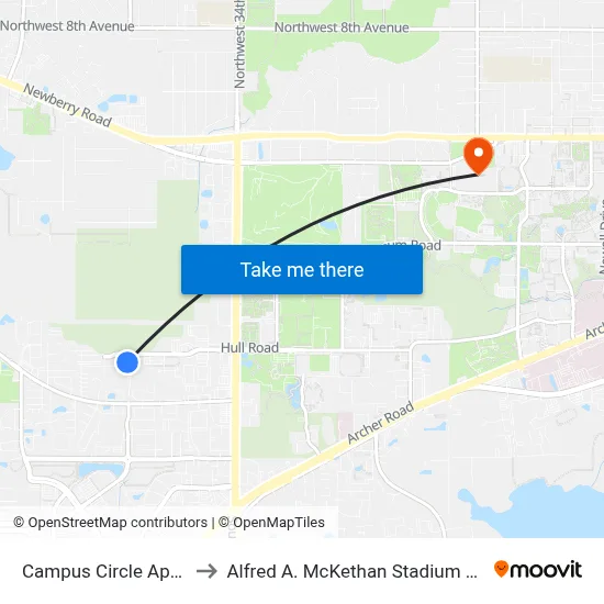 Campus Circle Apartments to Alfred A. McKethan Stadium at Perry Field map