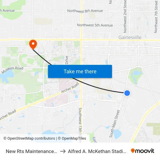 New Rts Maintenance Facility South to Alfred A. McKethan Stadium at Perry Field map