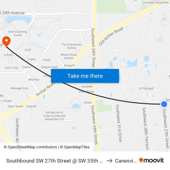 Southbound SW 27th Street @ SW 35th Place to Canesville map